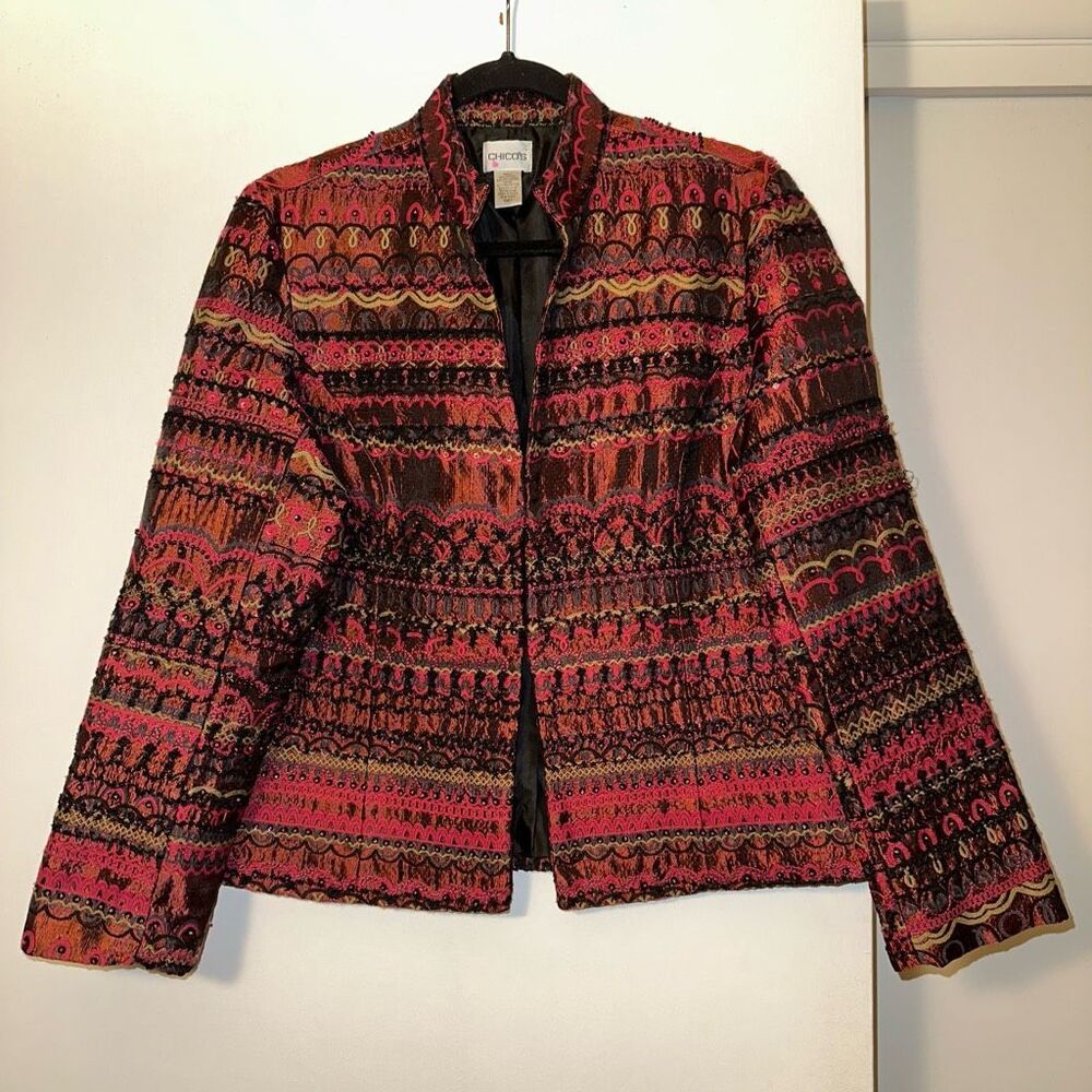 Chicos Small (1) Blazer Jacket Pink Black Orange Abstract Embroidery Gently Worn